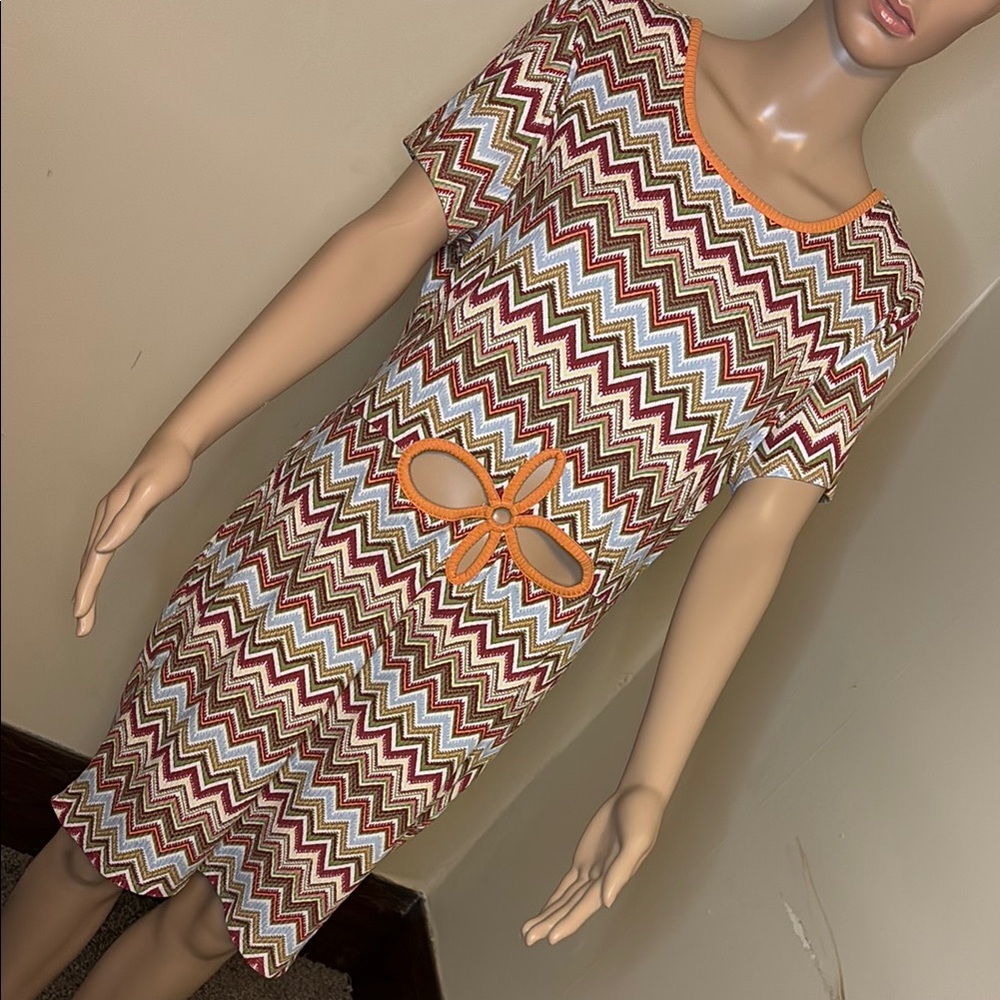 Orange and Green Chevron Sheath Mini Dress with Scoop Neck